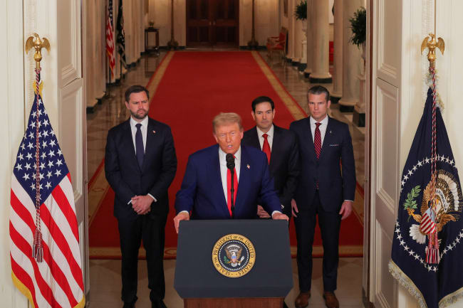 U.S. President Donald Trump delivers an address to the nation alongside U.S. Vice President JD Vance, U.S. Secretary of State Marco Rubio and U.S. Defense Secretary Pete Hegseth, in Washington DC, on June 21, 2025.