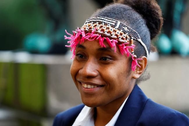 Cynthia Houniuhi, Solomon Islands youth climate activist, speaks during the United Nations' top court International Court of Justice (ICJ) public hearings, in The Hague, Netherlands, December 2, 2024.