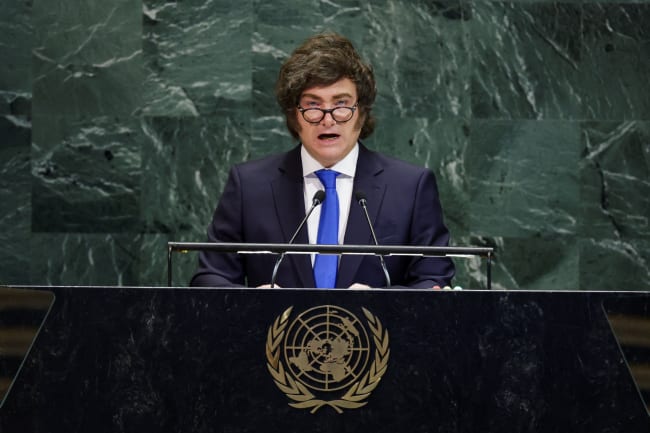 Argentina's President Javier Milei addresses the eightieth United Nations General Assembly, at the UN headquarters, in New York City, on September 24, 2025.