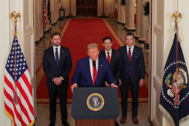 U.S. President Donald Trump delivers an address to the nation alongside U.S. Vice President JD Vance, U.S. Secretary of State Marco Rubio and U.S. Defense Secretary Pete Hegseth, in Washington DC, on June 21, 2025.