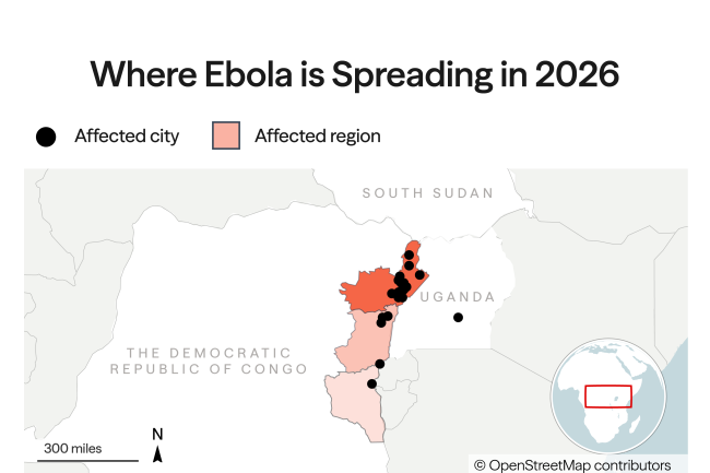 A map titled "Where the 2026 Ebola Outbreak is Spreading" shows confirmed and suspected cases of Bundibugyo virus disease in the Democratic Republic of Congo (DRC) and Uganda as of June 1, 2026. Affected regions are shaded in salmon/orange-red, and affected cities are marked with black dots. Ituri Province in northeastern DRC is labeled as having seen the most cases and is the largest highlighted region. Additional affected areas in DRC include militia-controlled Goma in North Kivu and areas near Bukavu in South Kivu. In Uganda, Kampala is marked as having confirmed nine cases. A small inset map shows the location of the outbreak region within the broader African continent. Source: Ministry of Health, Democratic Republic of Congo.