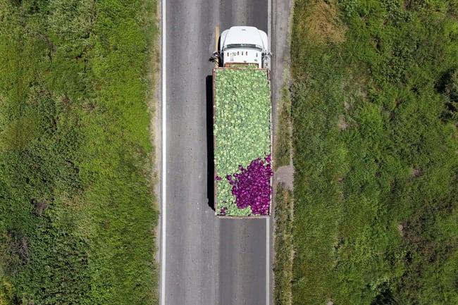 A drone view shows a truck transporting fresh produce after leaving the installations of U.S. supplier Taylor Farms, following the temporary closure announced by Taylor Farms, in Doctor Mora, Guanajuato state, Mexico, on July 24, 2026.