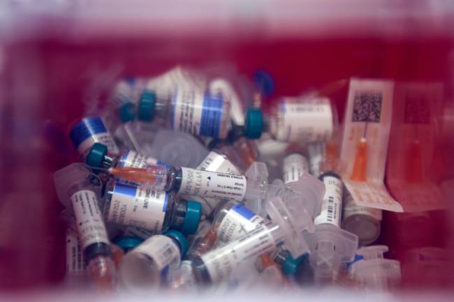 Used MMR vaccines are pictured in a sharps container at the City of Lubbock Health Department, in Lubbock, Texas, on February 27, 2025.