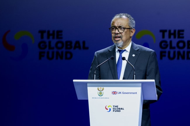 Director-General of the World Health Organization Tedros Adhanom Ghebreyesus speaks during the Global Fund's Eighth Replenishment Summit, on the sidelines of a G20 summit in Johannesburg, South Africa, on November 21, 2025.
