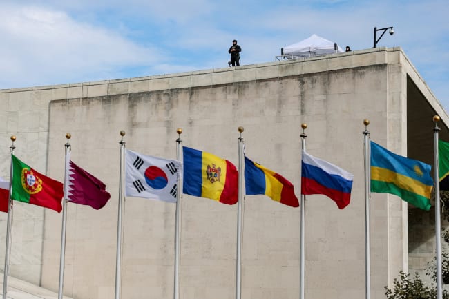 Security keep watch on top of a building during the 81st United Nations General Assembly (UNGA) in New York City, US, on September 22, 2026.