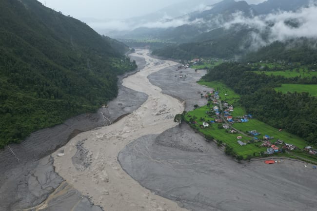 Aerial view of flood-ravaged Betrawati in Rasuwa; many houses are buried beneath the mud, on August 29, 2026.