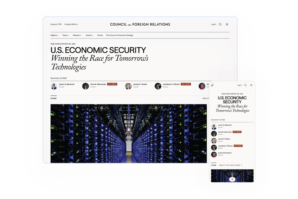 The Task Force on U.S. Economic Security’s report launch included a new landing page—one of the first examples of CFR’s web redesign.