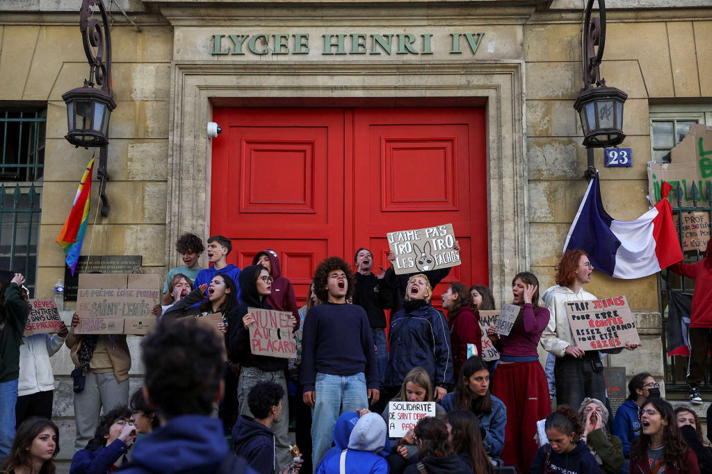 French students gather outside the Lycee Henri-IV in Paris as part of nationwide protests to demand better school conditions in France, October 8, 2026.