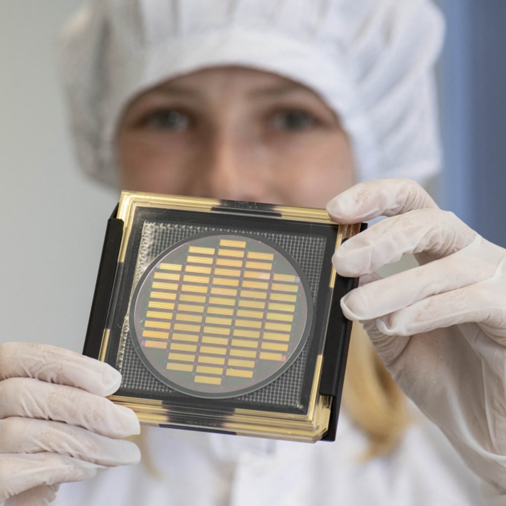 <p>An engineer shows a wafer with photonic chips for quantum computing at the company Q.ANT.</p>

