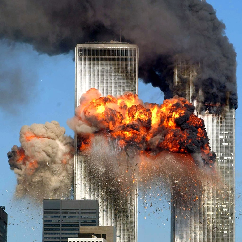 Hijacked United Airlines Flight 175 crashes into the World Trade Center’s south tower on September 11, 2001, in New York City. 
