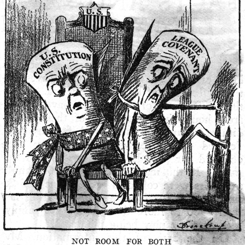 A political cartoon depicts the battle between the U.S. Constitution and the League of Nations. Bettmann/Corbis/Getty Images