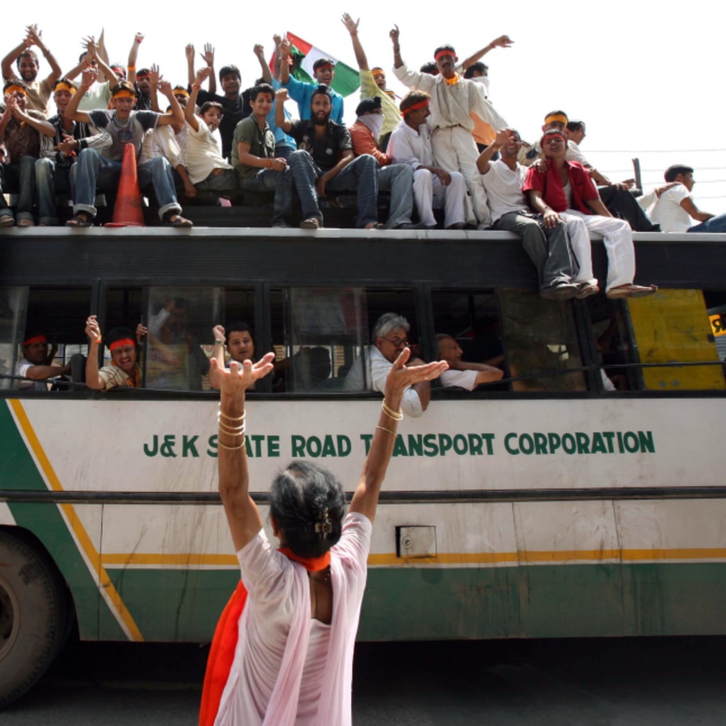<p>Demonstrators shout during a protest in Jammu and Kashmir.</p>

