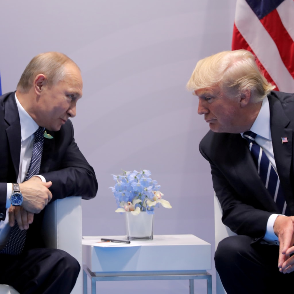 <p>President Trump speaks with Russian President, Vladimir Putin, during their bilateral meeting at the G20 summit in Hamburg, Germany, in 2017.</p>