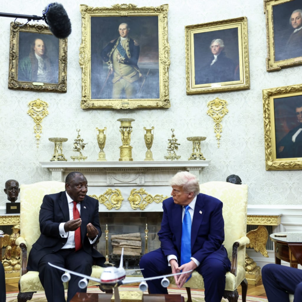 <p>U.S. President Donald Trump meets South African President Cyril Ramaphosa in the Oval Office on May 21, 2025. </p>

