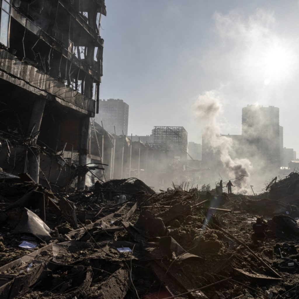 <p>General view of the site of a bombing at a shopping center as Russia’s invasion of Ukraine continues, in Kyiv, Ukraine March 21, 2022.</p>
