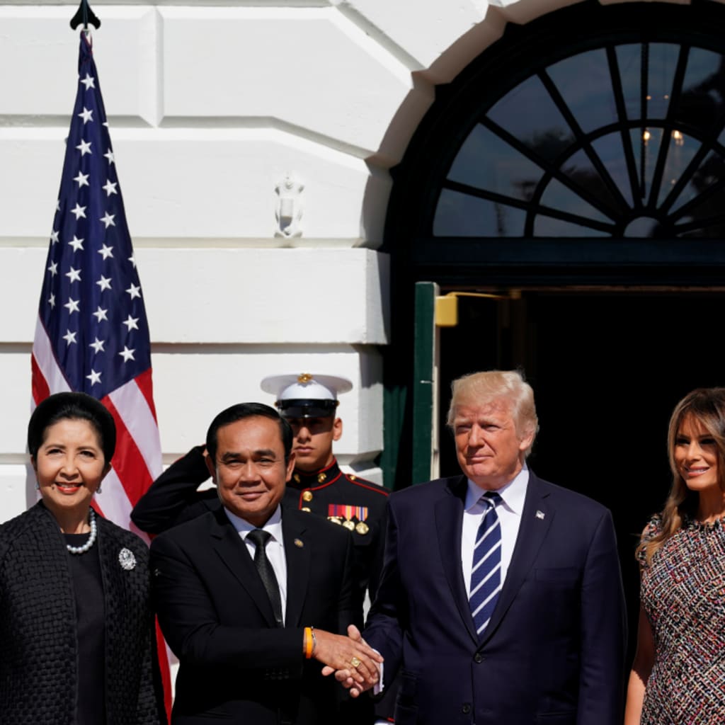 <p>U.S. President Donald Trump and U.S. first lady Melania Trump greet Thai Prime Minister Prayut Chan-o-Cha and his wife Naraporn Chan-o-Cha at the White House in Washington, U.S., October 2, 2017. </p>
