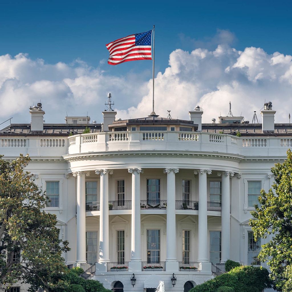 The White House—home of the president of the United States—is pictured on a summer day in Washington, DC.