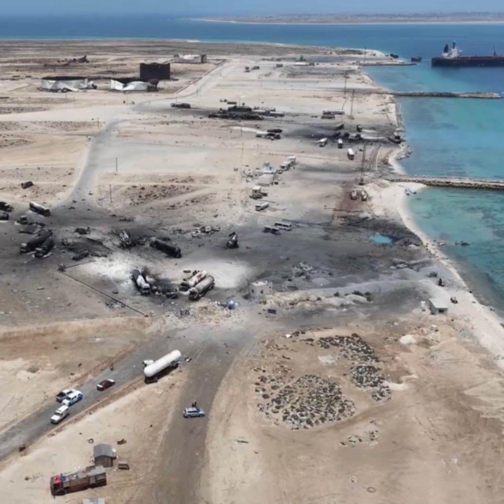 <p>A drone view of the aftermath of a U.S. strike on the Ras Isa fuel port, Al Jazirah, Yemen, April 18, 2025. </p>