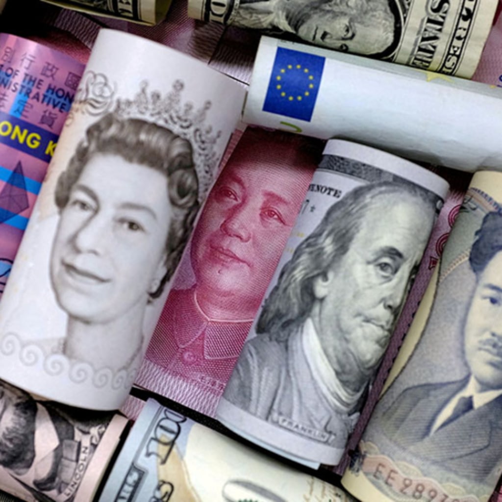 Euro, Hong Kong dollar, U.S. dollar, Japanese yen, pound and Chinese 100 yuan banknotes