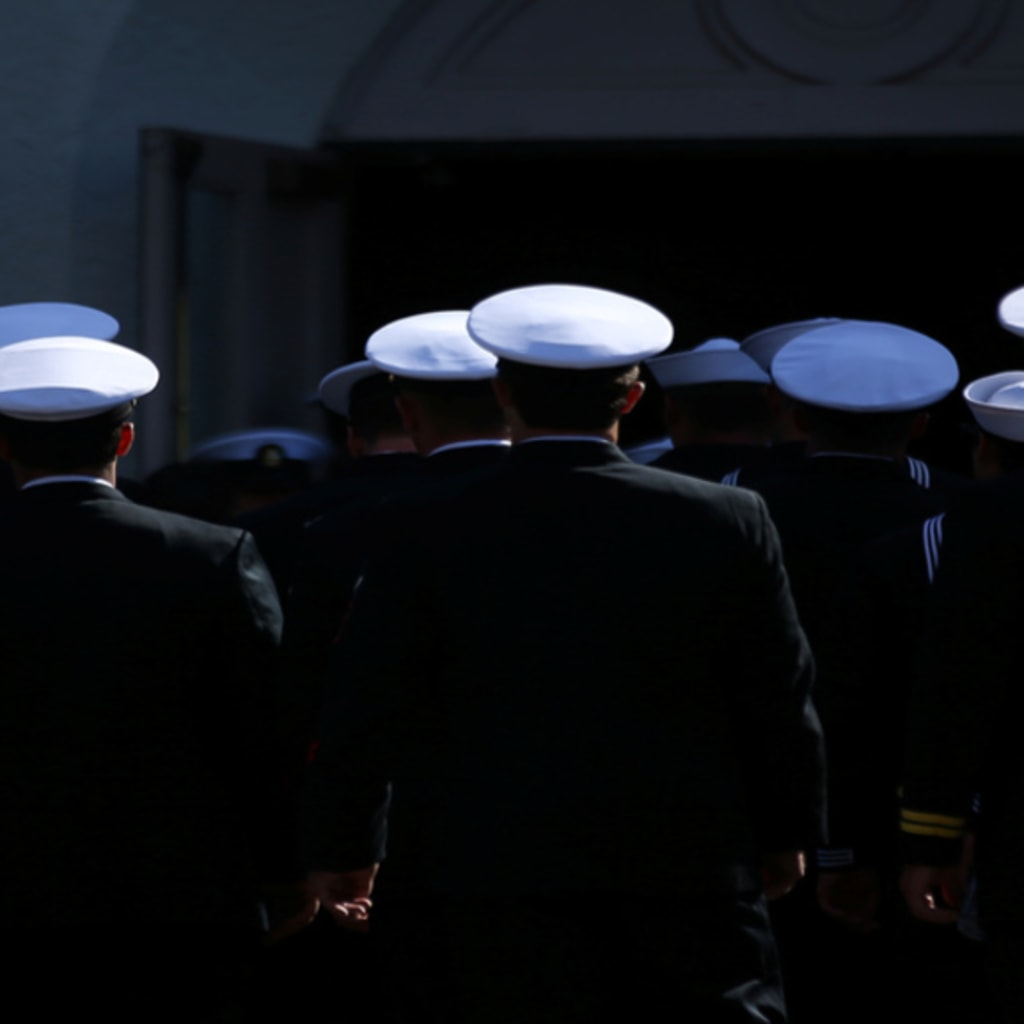 <p>U.S. Navy sailors make their way into church.</p>
