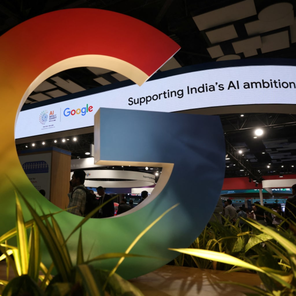 A large colorful sculpture of the Google logo on display at the AI Impact Summit, in New Delhi, India.