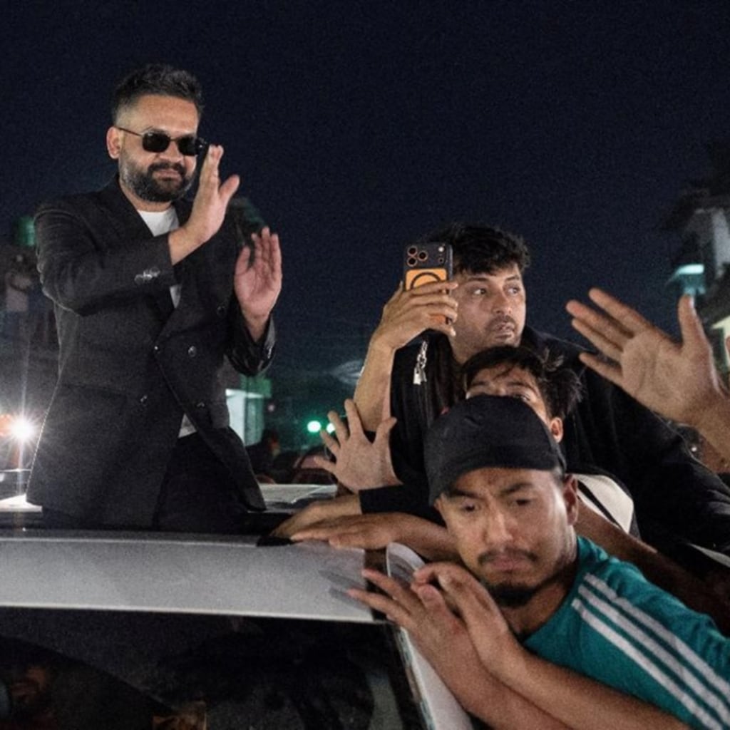 <p>Balendra Shah, a rapper-turned-politician and the prime ministerial candidate for Rastriya Swatantra Party (RSP), greets his supporters as he celebrates after winning the election in Damak, Nepal, on March 7, 2026.</p>