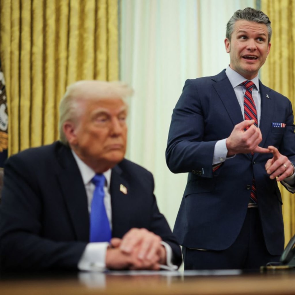 <p>Defense Secretary Pete Hegseth speaks next to President Donald Trump in the Oval Office at the White House in Washington, DC, on Friday, March 21.</p>
