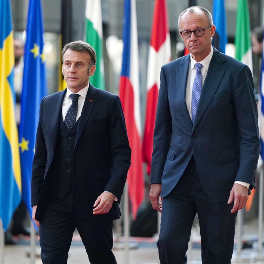 <p>French President Emmanuel Macron and German Chancellor Friedrich Merz arrive to the European Council summit on March 19, 2026 in Brussels, Belgium. European leaders discussed the military escalation in the Middle East and its consequences for energy prices and security, among other topics. </p>
