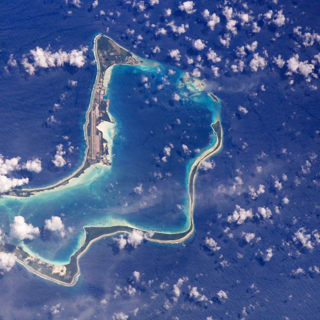 Aerial imagery shows an overview of Diego Garcia, an island in the Indian Ocean.
