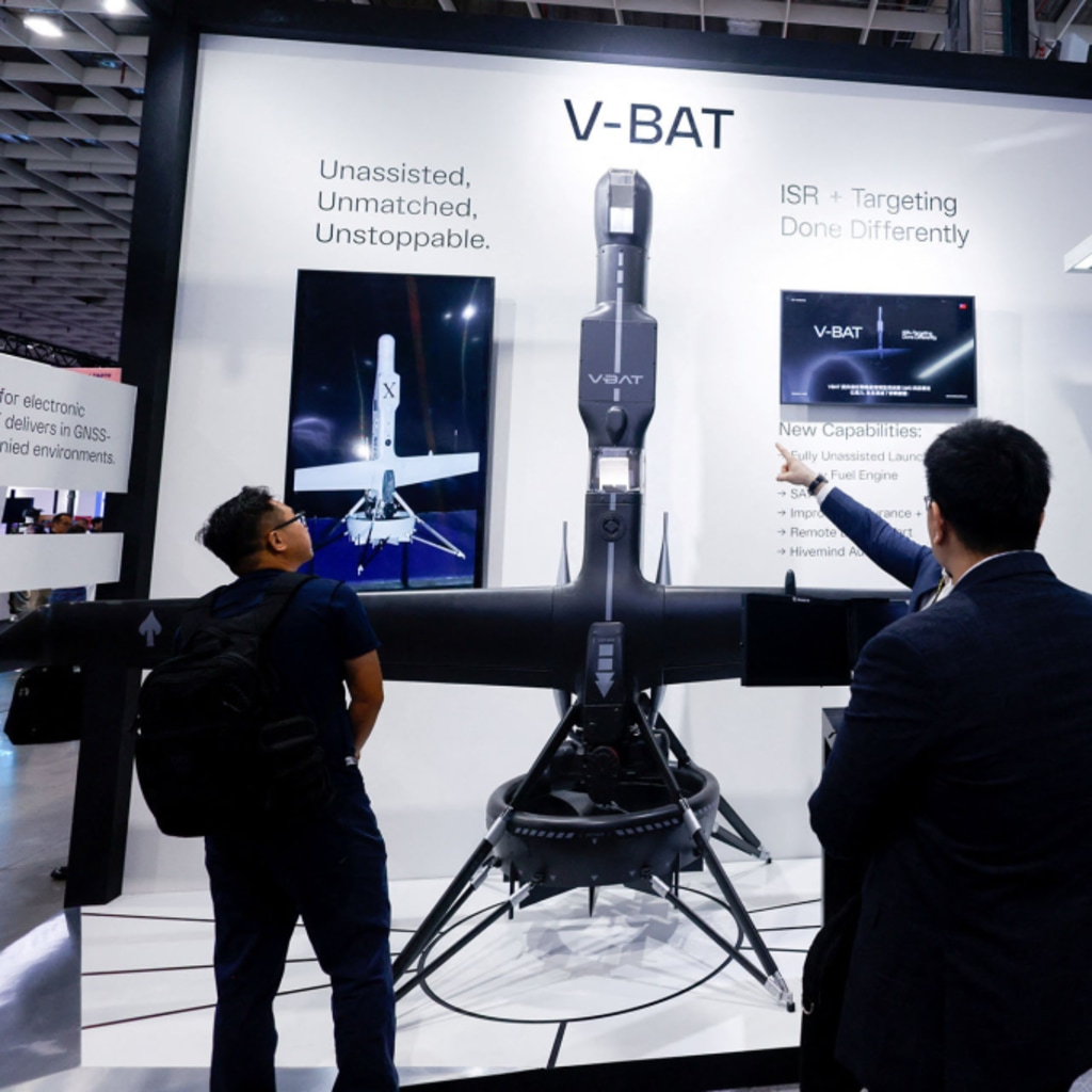 <p>Visitors look at Shield AI’s V-BAT unmanned aerial vehicle on display during the Taipei Aerospace and Defence Technology Exhibition in Taipei, Taiwan, on September 18, 2025.</p>
