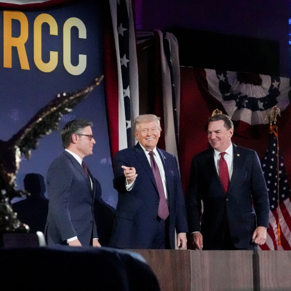 <p>President Donald Trump, House Speaker Mike Johnson (R-LA), and Rep. Richard Hudson (R-NC), the chair of the National Republican Congressional Committee, at a fundraising dinner, March 25, 2026.</p>
