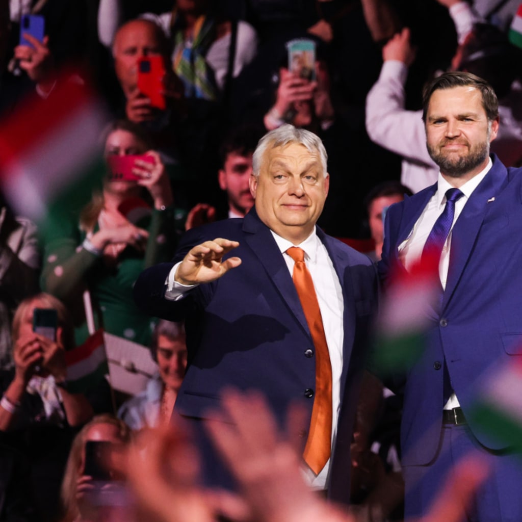 Hungarian Prime Minister Viktor Orban stands next to American Vice President JD Vance during an election rally in Budapest, Hungary on April 7, 2026.