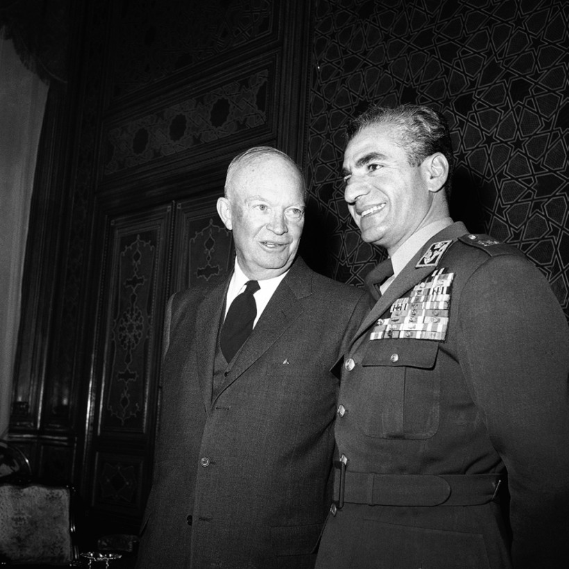 President Dwight D. Eisenhower and Shah Mohammad Reza Pahlavi of Iran pose at the Marble Palace in Tehran.