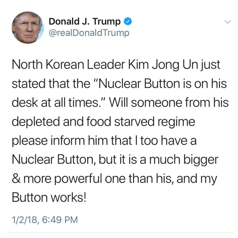 President Trump tweets a reaction to provocations from North Korea’s Kim. Twitter