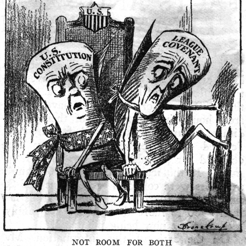 A political cartoon depicts the battle between the U.S. Constitution and the League of Nations. Bettmann/Corbis/Getty Images