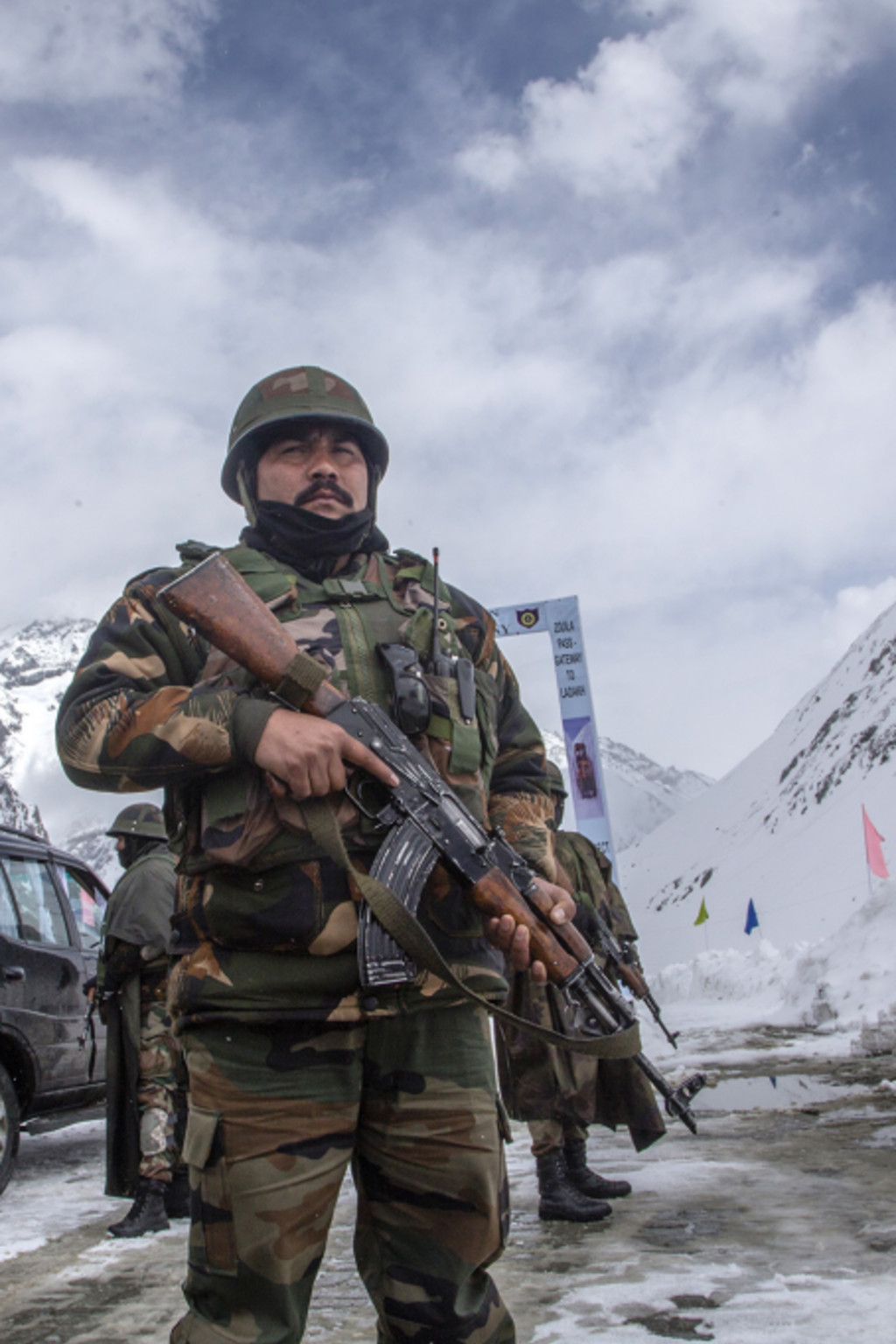 <p>Indian army soldiers stand guard on the Zojila mountain pass in the contested Ladakh region.</p>
