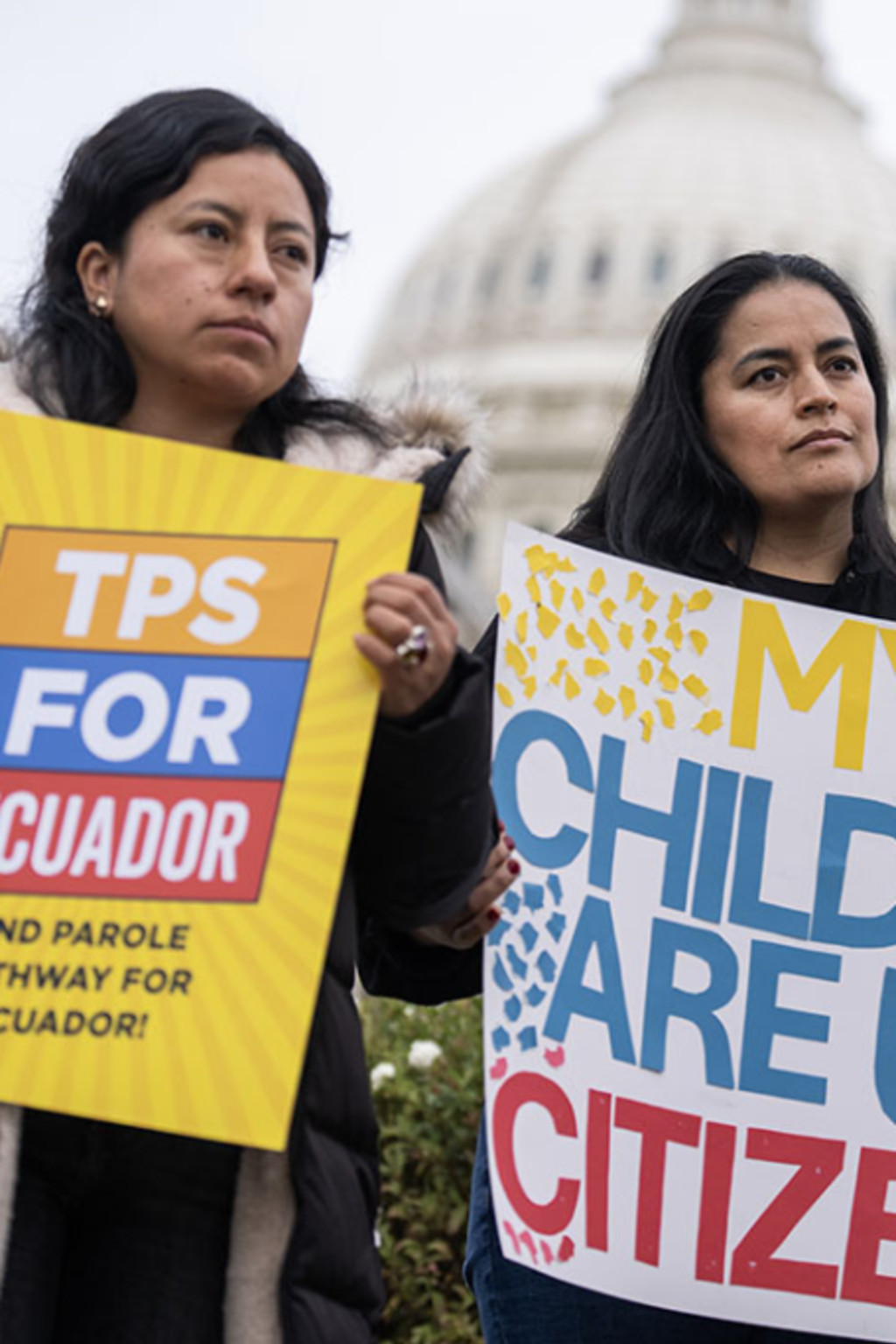 <p>Activists listen to Rep. Alexandria Ocasio-Cortez speak about TPS outside the Capitol.</p>
