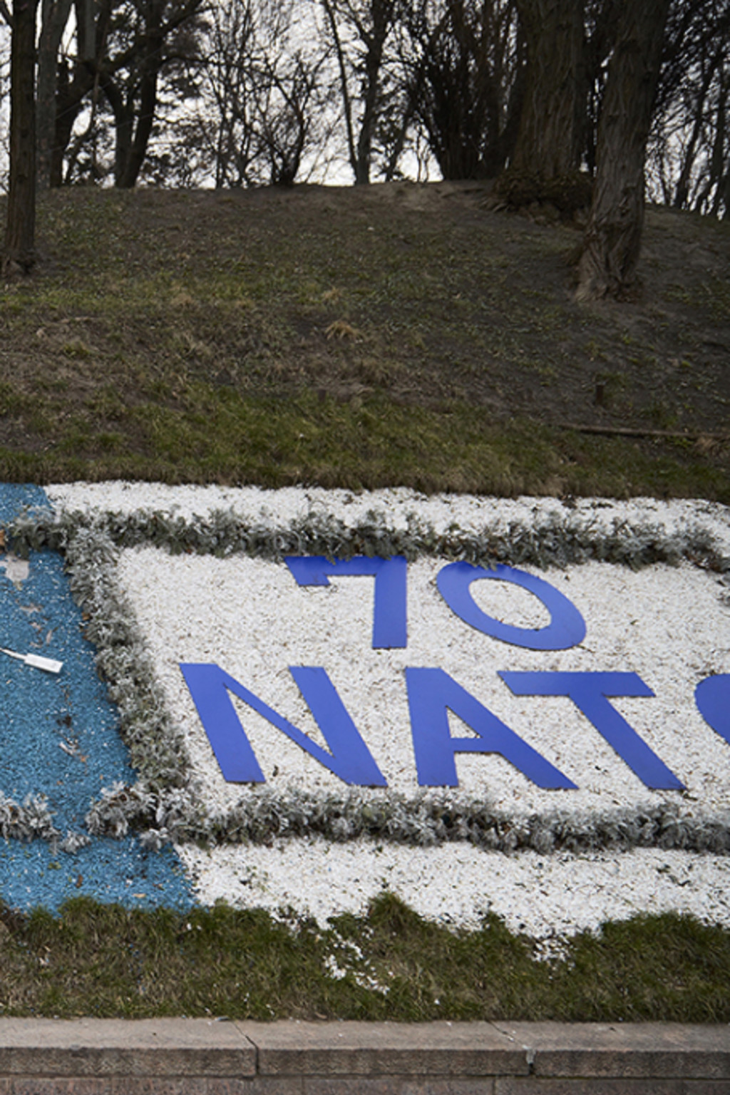 <p>A NATO sign marks the seventieth anniversary of the Atlantic alliance in Kyiv, Ukraine. </p>
