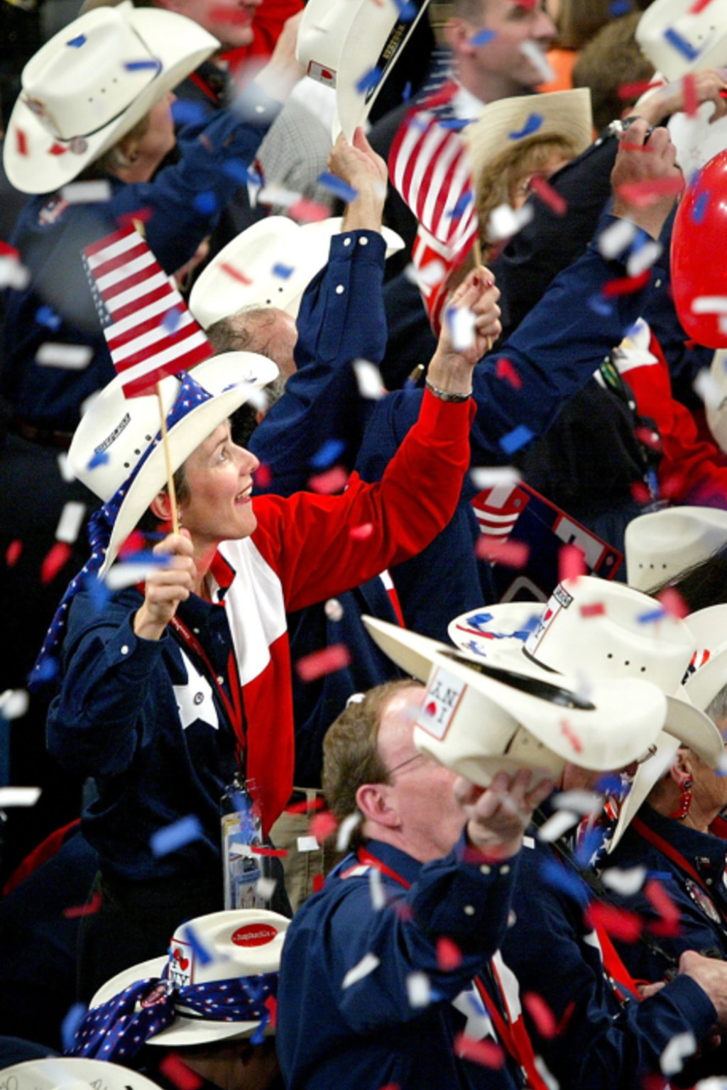 <p>Delegates cheer on the floor of the 2004 Republican National Convention in New York City.</p>
