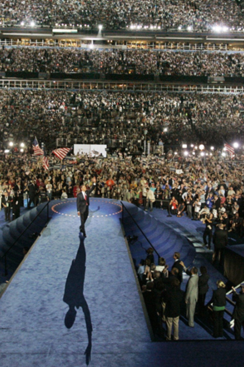 <p>Then Senator Barack Obama waves to the crowd at the 2008 Democratic National Convention.</p>