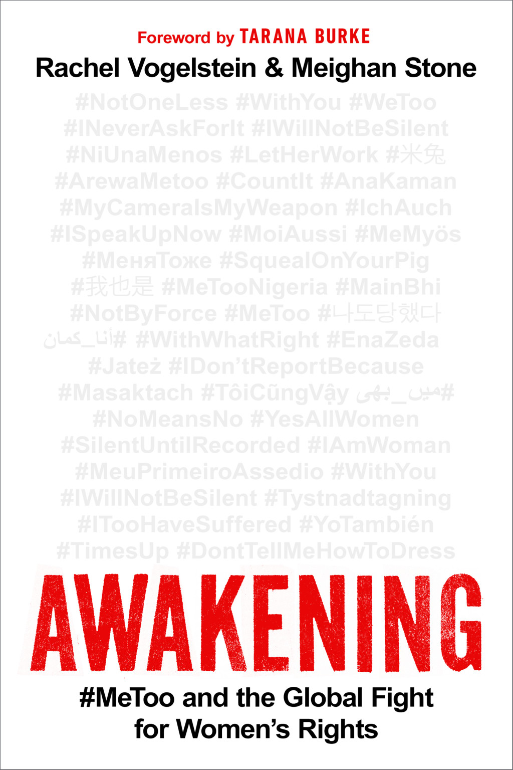 White cover for Awakening by Vogelstein and Stone, with lines of the many hashtags associated with the metoo movement in light grey