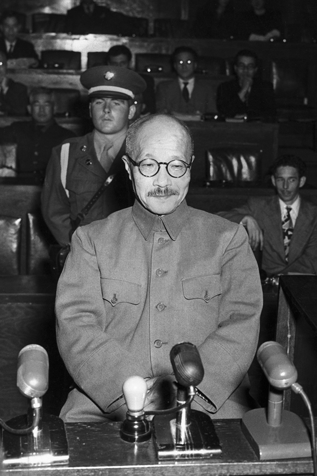 Hideki Tojo, Japanese wartime prime minister, testifies before the war crimes tribunal in Tokyo.
