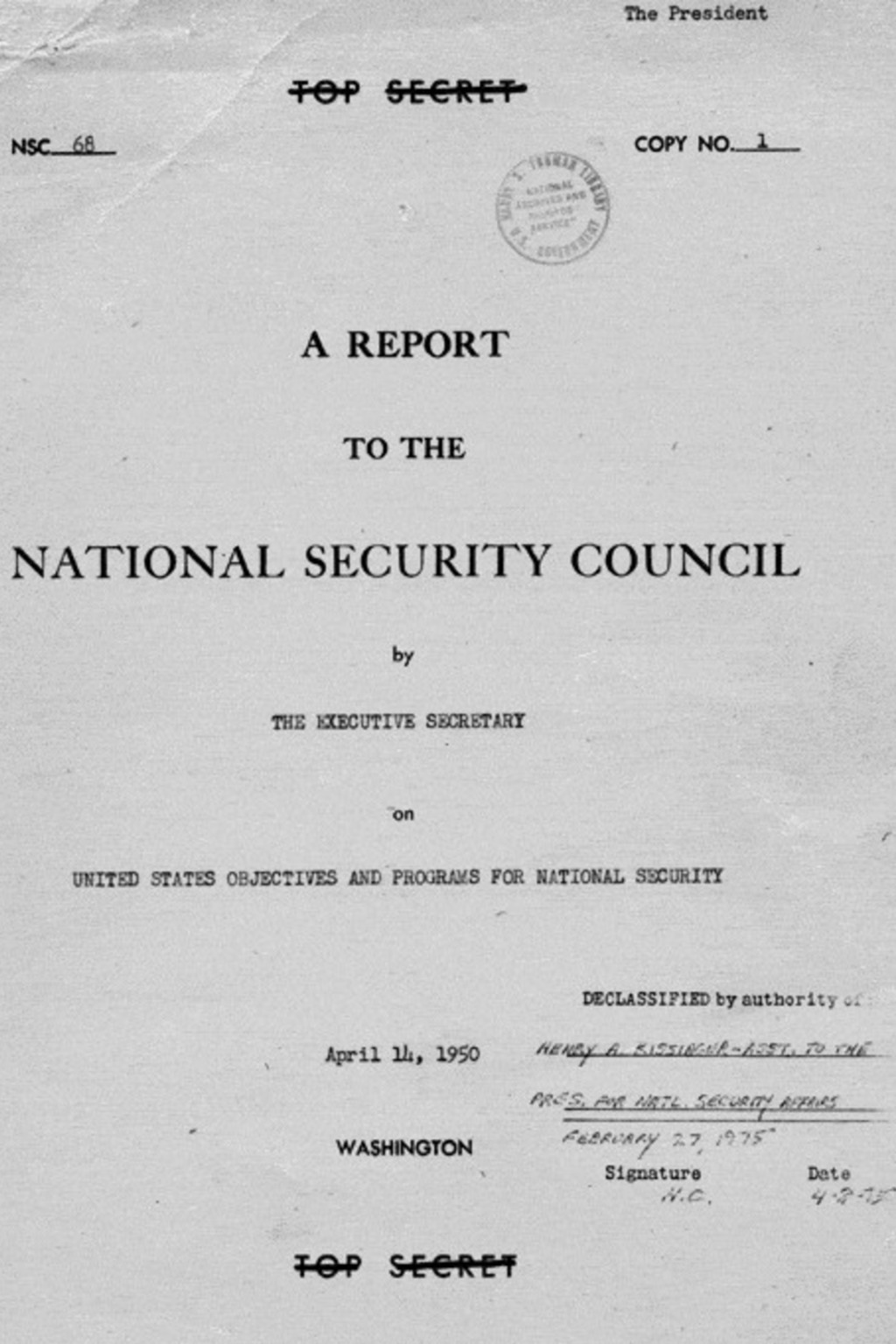 <p>The front cover of the NSC-68 Report.</p>
