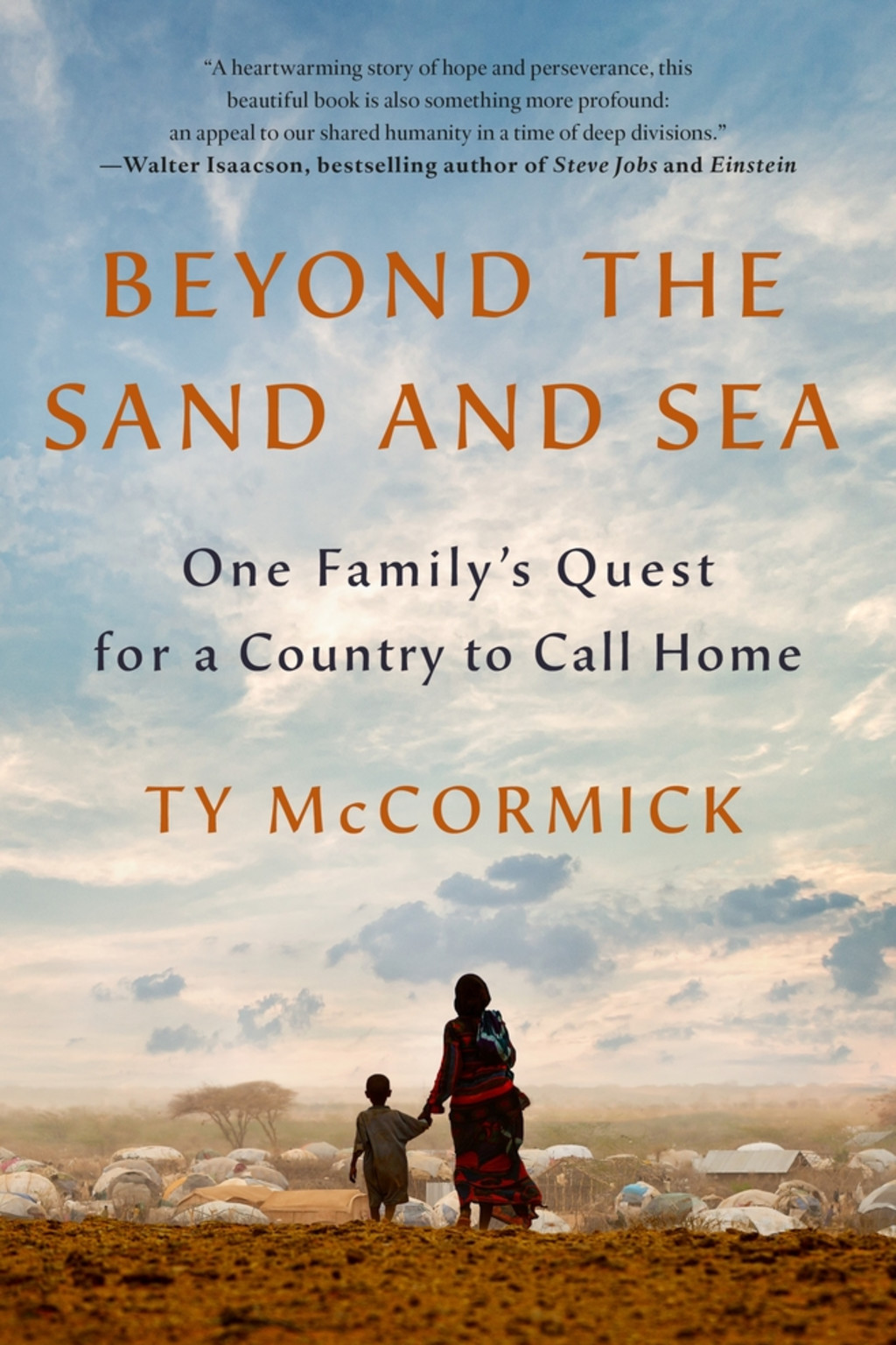 Book cover for Beyond the Sand and Sea, a woman and a small child holding hands, walking through a desert with a large blue sky with wispy clouds
