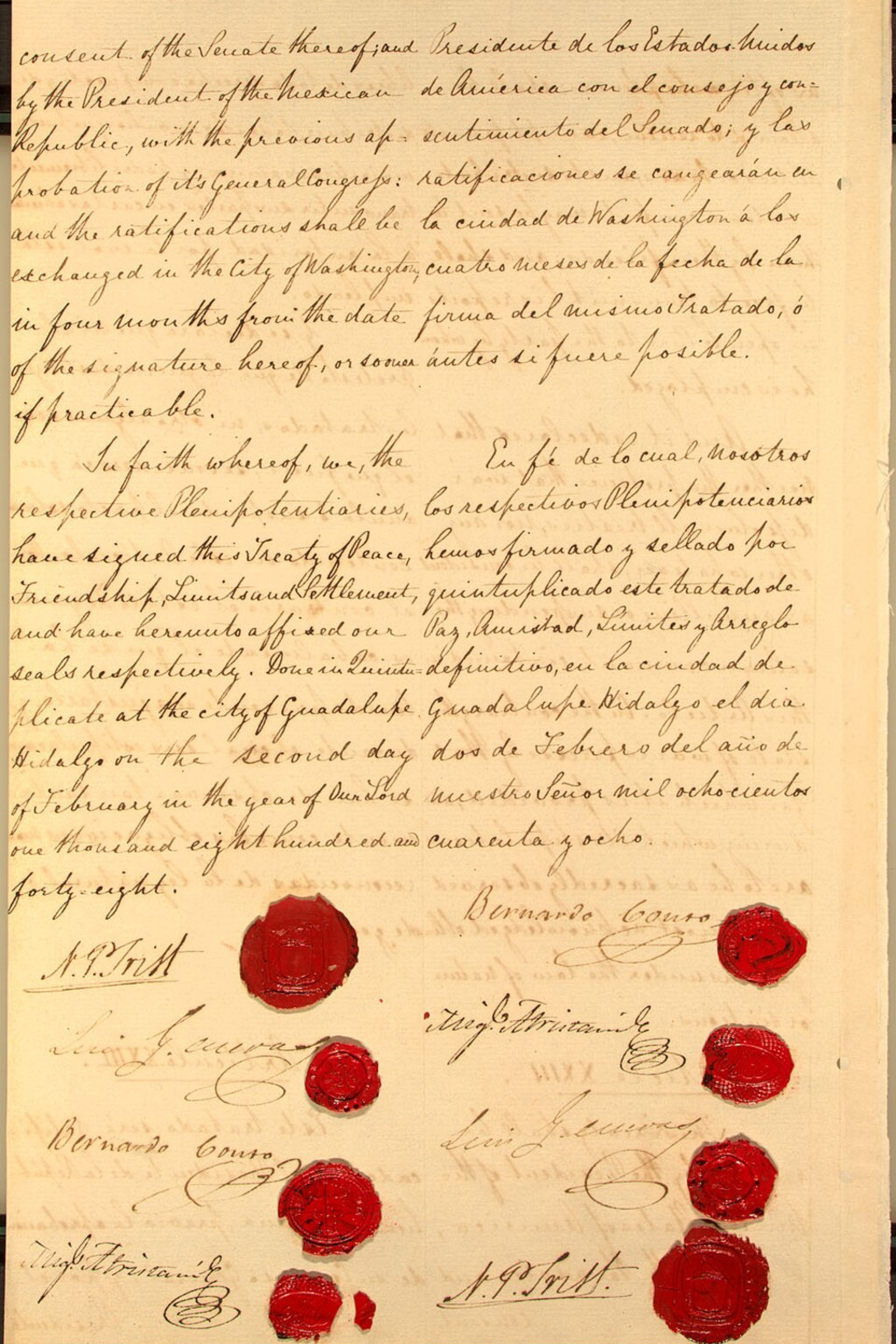 The last page of the original Treaty of Guadalupe-Hidalgo, double-signed by U.S. and Mexican negotiators. Trist’s signature is the first on the left-hand column and the last on the right-hand column. Curtesy of the Library of Congress and the Nicholas Philip Trist Papers.  
