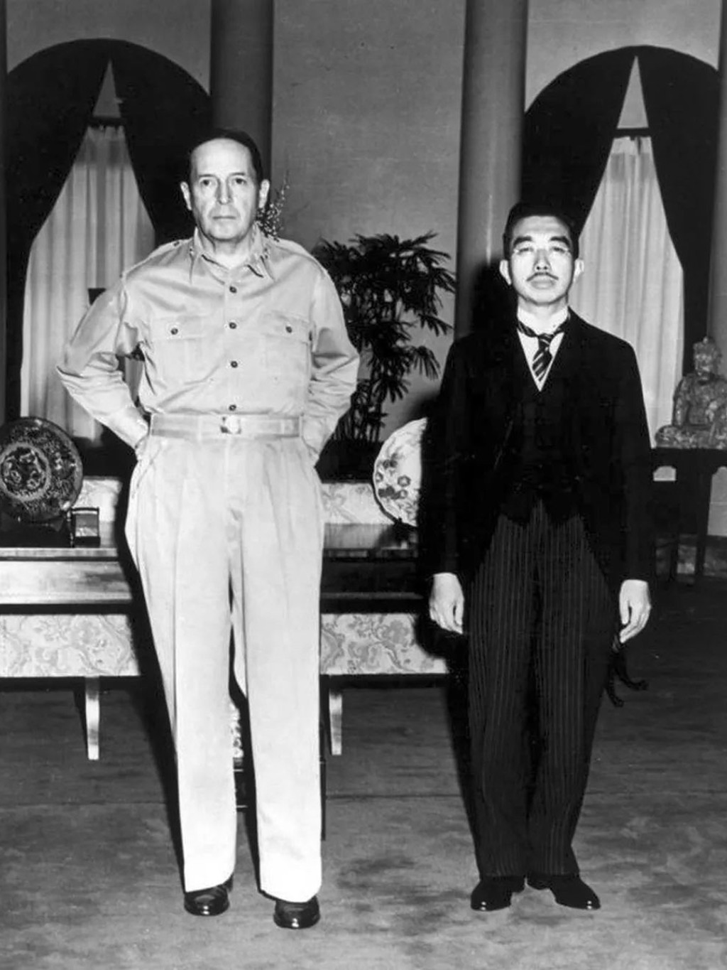 U.S. General MacArthur and Japanese Emperor Hirohito at the U.S. Embassy in Tokyo.