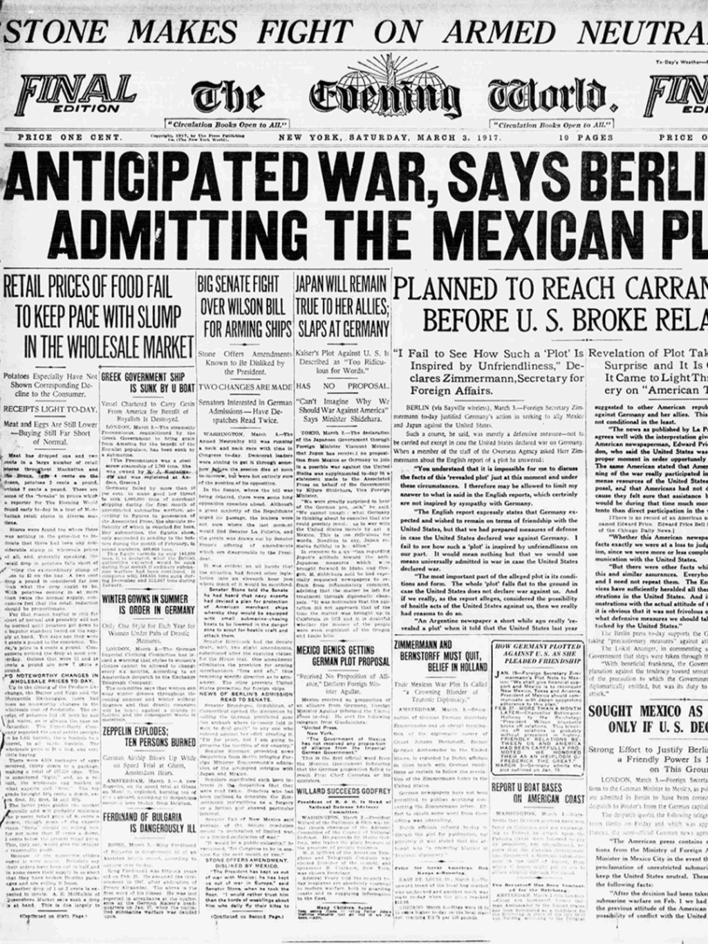 On March 3, 1917, the front page of the Evening World newspaper reveals Germany’s plan to conspire with Mexico against the United States during World War I. The New York Public Library, Astor, Lenox, and Tilden Foundation