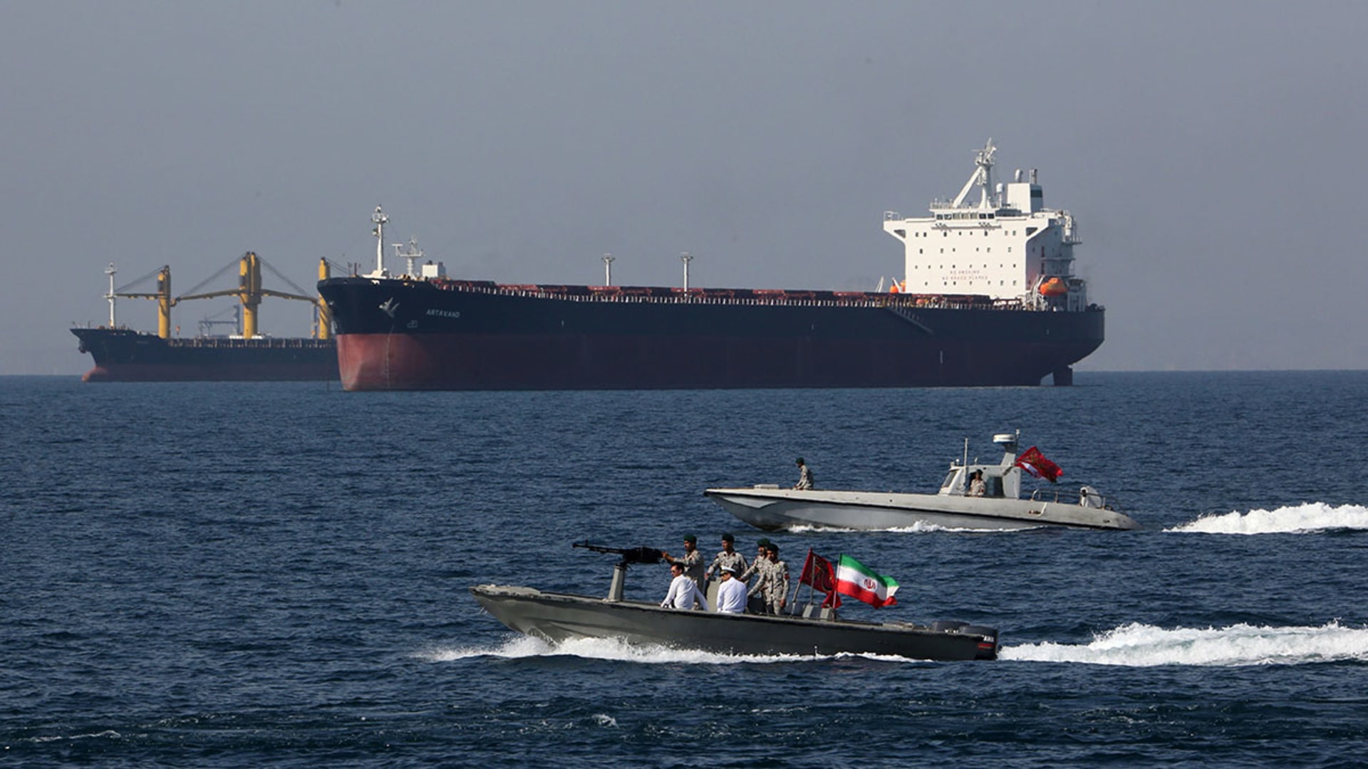 <p>Iranian sailors take part in the National Persian Gulf Day in the Strait of Hormuz.</p>
