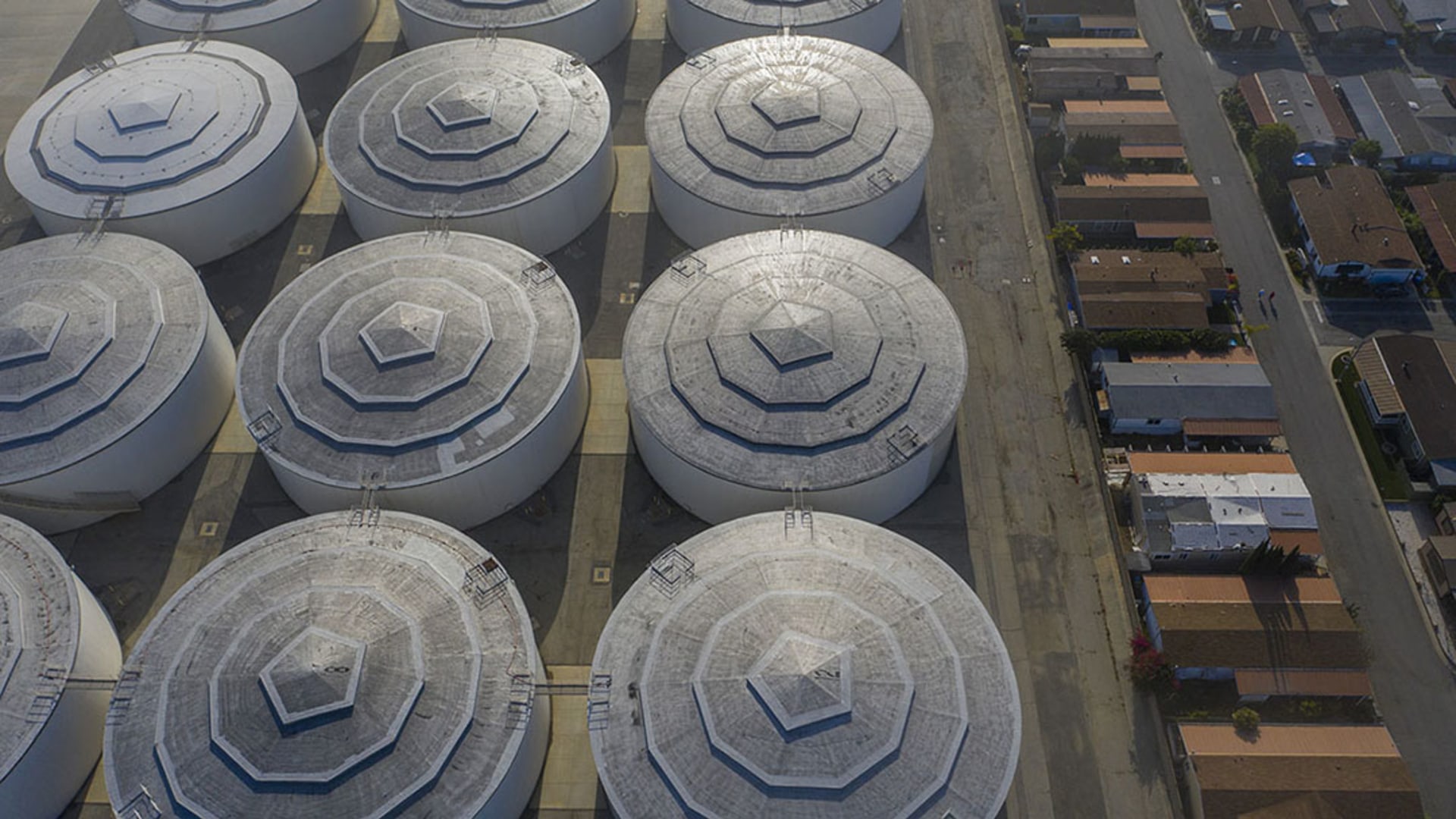 An aerial view shows an oil storage facility in Compton, California, in April 2020. 
