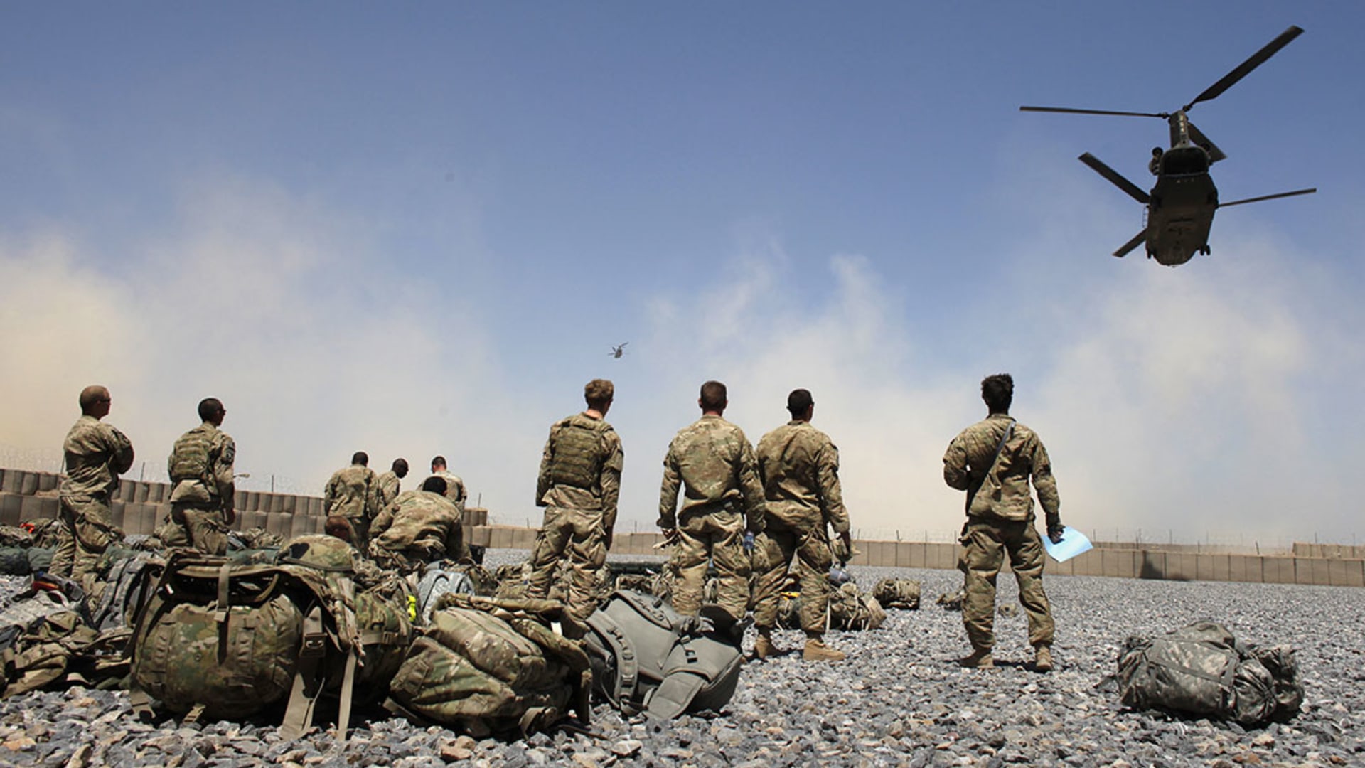 Helicopters carrying U.S. Army soldiers take off from Combat Outpost Terra Nova in the Arghandab Valley north of Kandahar.